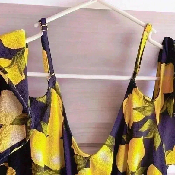 Women’s Rosette Spring Blue Dress With Yellow Lemons Flutter Sleeve Chiffon M - Picture 6 of 14